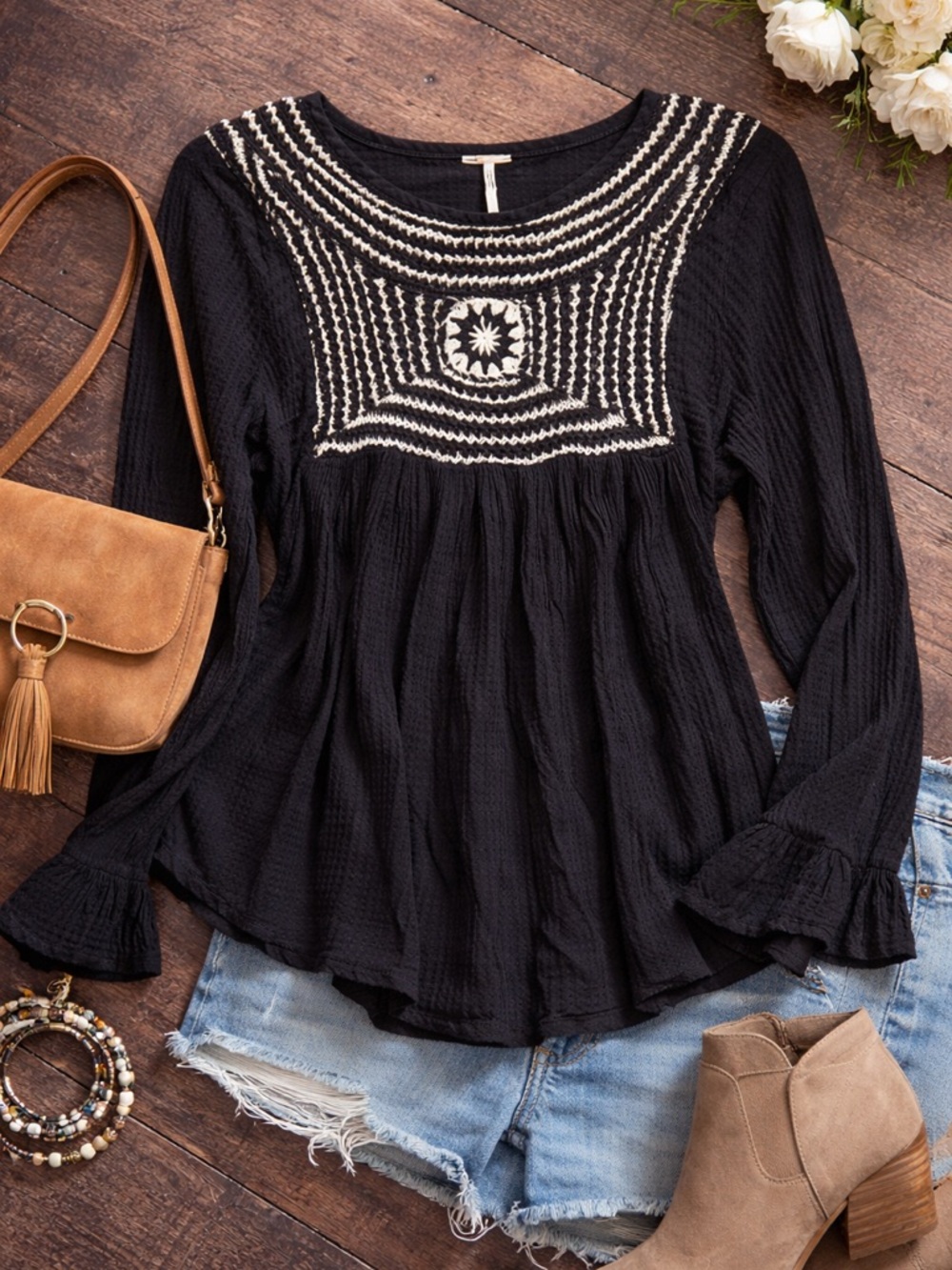 Free People Black Embroidered Boho Top Crochet Yoke Babydoll Small